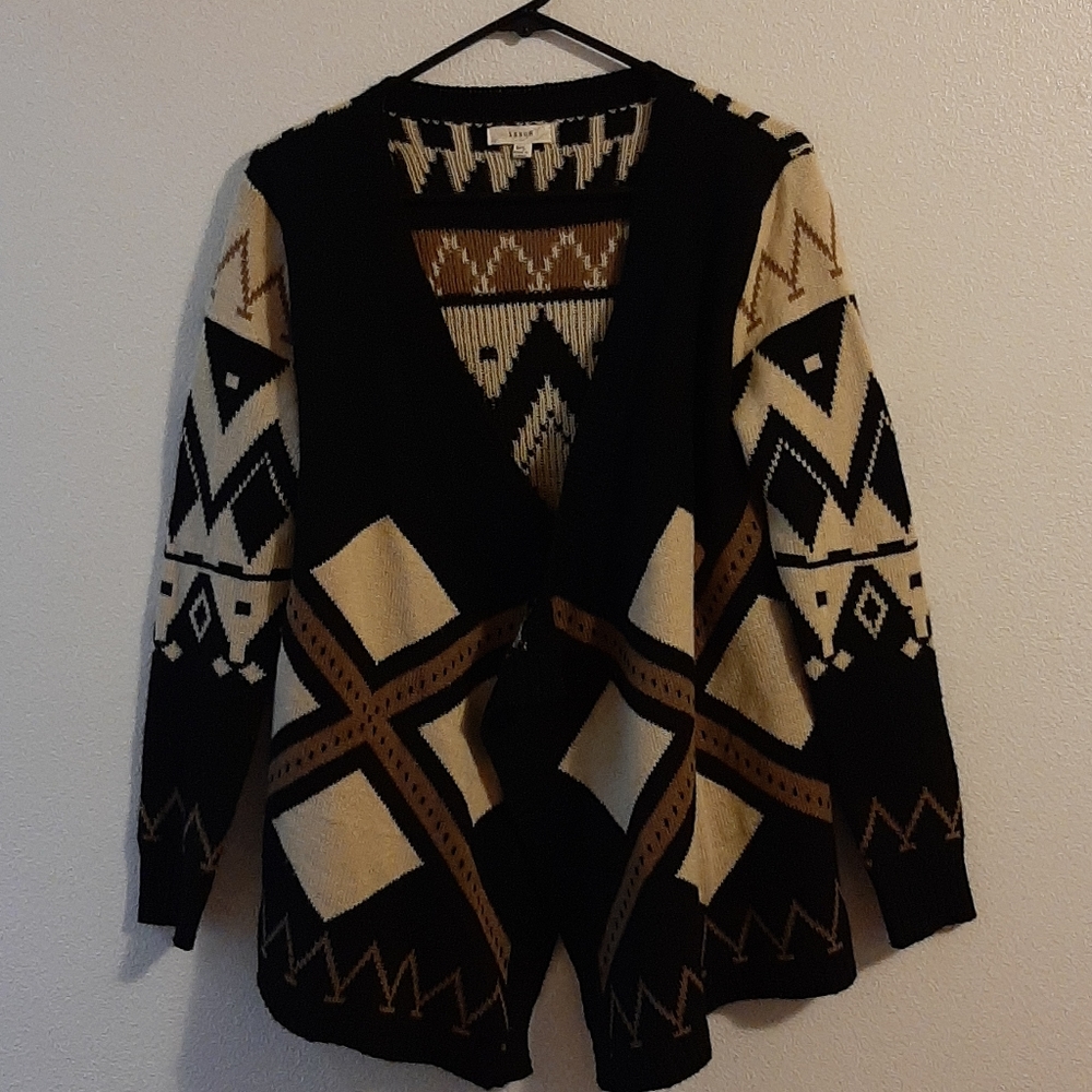 Black Brown Tan Open Front Cardigan Med/Lg